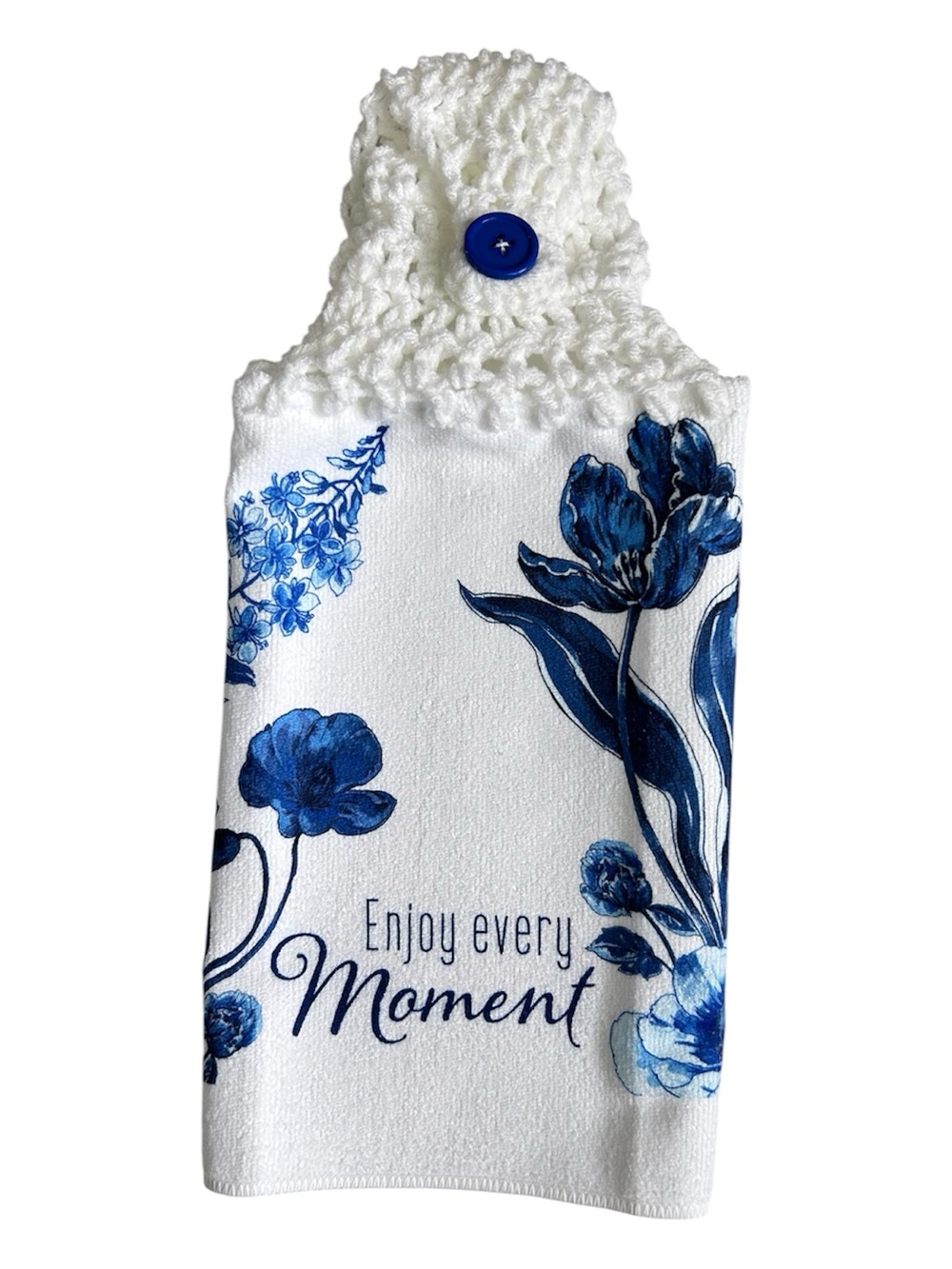 Hand Crafted Blue Floral 'Enjoy Every Moment' Hanging Kitchen Hand Towel
